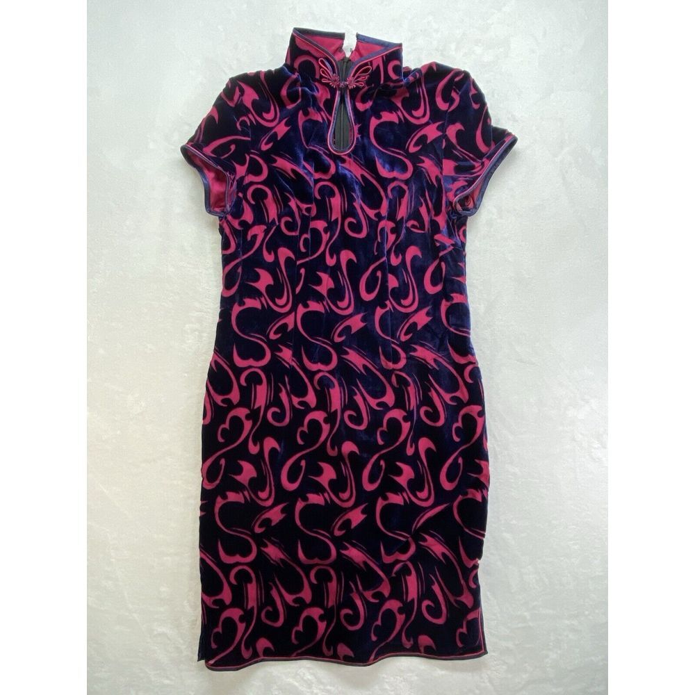 Asian inspired dress womens XS Pink Navy psychadelic velvety light weight Lined